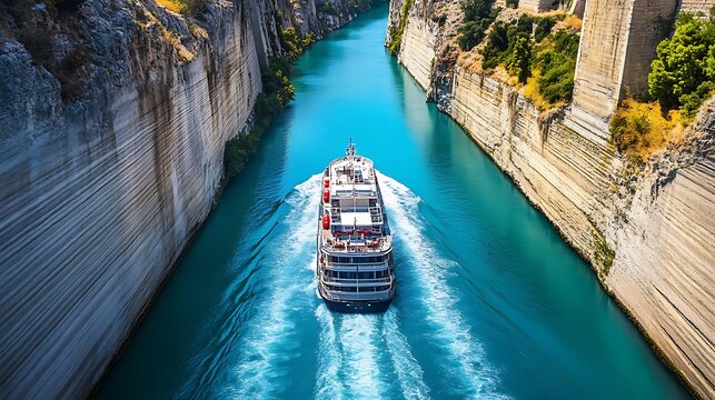 A cruise ship navigates the stunning Corinth Canal.