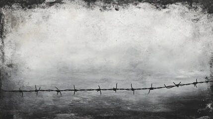 Barbed wire fence, misty landscape, grunge texture, war memorial, somber mood