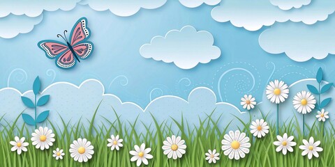 Beautiful fluffy clouds on a blue sky background, summer sun, butterfly, green grass on the lawn. Seamless pattern border, spring header. Vector illustration. Paper cut chamomile flowers.