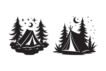 Night Camping Tent Silhouette Vector in Forest with Moon and Stars