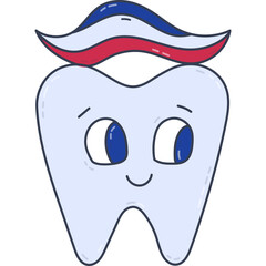 Cheerful line cartoon tooth with toothpaste on it. Smiling tooth with happy face ready to get dental care. Dentistry concept for kids for oral and teeth hygiene and treatment. Isolated vector doodle.