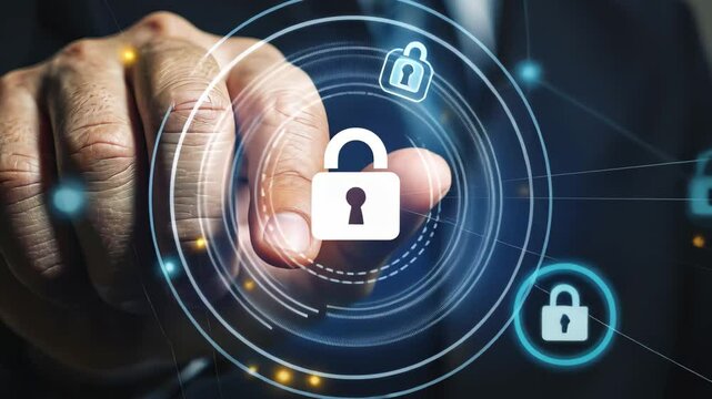 Businessman's hand interacts with a digital fingerprint in a modern office, highlighting security and technology advancements in the workplace - Powered by Adobe