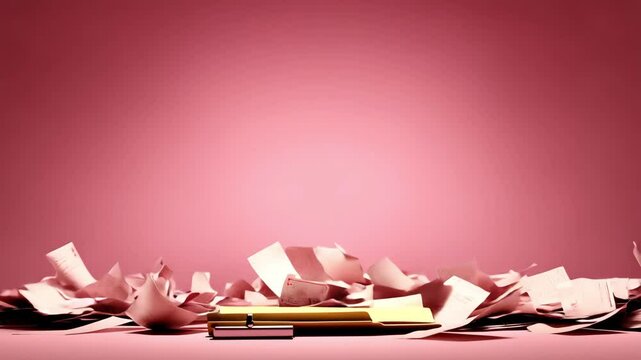 Yellow Folder Unfolding with Floating Papers in Soft Motion Against a Creative Pink Background in 4K Resolution