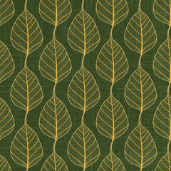 Hand drawn golden leaves seamless pattern on textured green background
