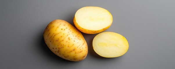 A whole potato and two halved pieces, showcasing its smooth skin and yellow interior on a textured gray background.