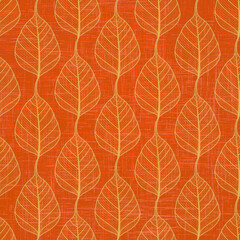 Hand drawn golden leaves seamless pattern on textured orange background