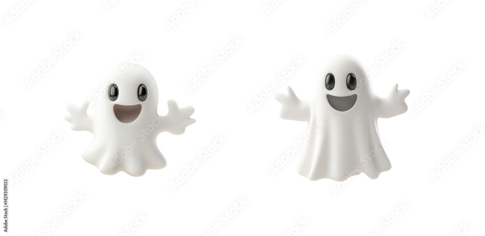 Poster two friendly cartoon ghosts smiling with open arms in playful and cheerful expressions