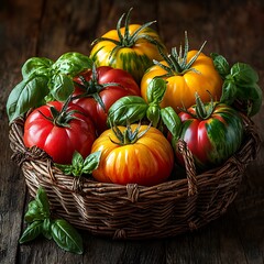 Heirloom tomatoes with fresh green basil high resolution picture