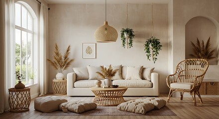 Modern boho living room with layered textures, neutral tones, plants, rattan furniture, and eclectic decor. Great for cozy interiors, creative home styling, bohemian aesthetics, and warm contemporary 