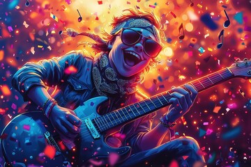 Energetic guitarist in colorful music fest with rock vibes and celebration atmosphere