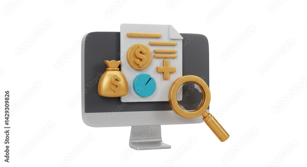 Poster Isolated Computer Screen Showing Financial Analysis with Magnifying Glass