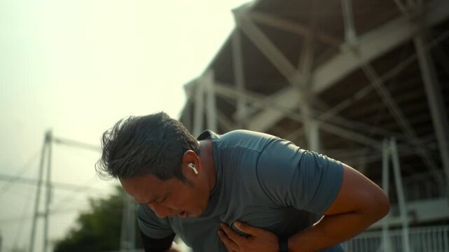 Exhausted asian senior mature man in sportswear suffering pain from heart attack during workout outdoor in the city park, old man having health problem from chest pain while doing exercise.
