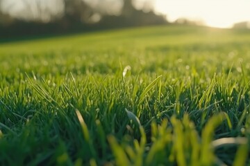 Fototapeta premium Lush green grass field bathed in golden sunlight. Close-up view of vibrant blades