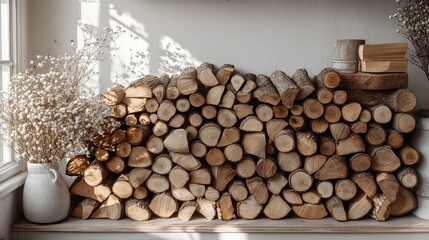 A stack of dry firewood ready for ignition, arranged neatly on a white background with natural wood textures visible