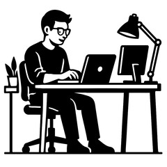Vector silhouette illustration of a person sitting at a desk working on a laptop with a desktop monitor, lamp, and plant in black and white. Represents work from home, studying, and digital lifestyle.