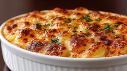 Creamy potato gratin baked to perfection with a crispy cheese topping and fresh herbs