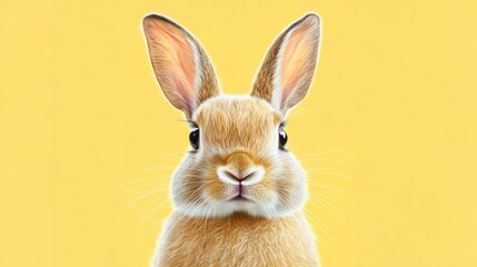 Fototapeta premium Adorable rabbit with soft brown fur, posing against a light yellow minimalistic backdrop