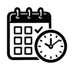 Vector illustration of a calendar with a checkmark and a clock in black and white. Represents scheduling, appointments, and time management.