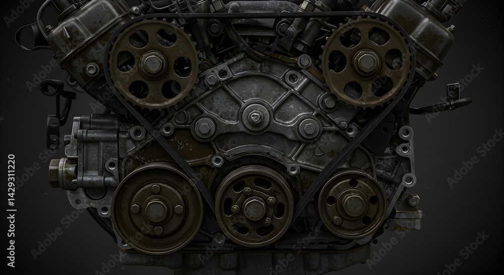 Poster close up of an automotive engine block featuring intricate mechanical components and metallic gears