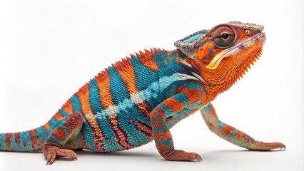 Fototapeta premium Vibrant Panther Chameleon Side Profile, Orange and Teal Scales, Studio Photography, Reptile Portrait Reptile, Chameleon