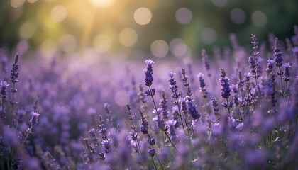 A field of lavender flowers in bloom with sunlight and bokeh in the background during daytime
