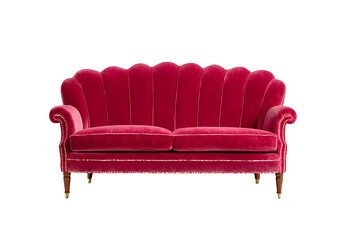 A bold red velvet sofa featuring a scalloped back design and three plush seat cushions, supported by slender wooden legs.