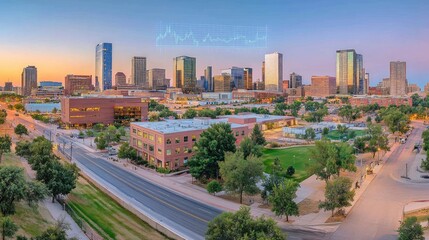 Denver city skyline panorama at dawn, showcasing urban sprawl.