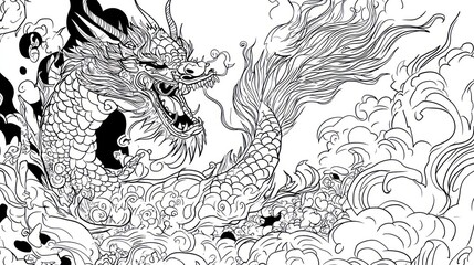 Naklejka premium Eastern dragon flying through swirling clouds and water, use for coloring pages