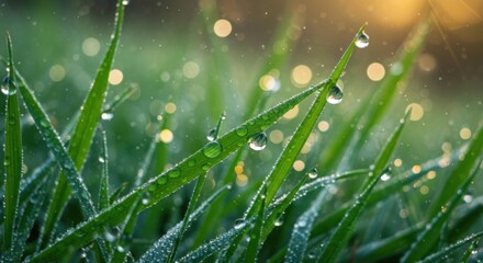 Naklejka premium Dewy grass blades glistening in sunlight against a blurred background 