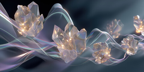  crystalline structures suspended in the air with soft glowing trails and flowing fluid ribbons