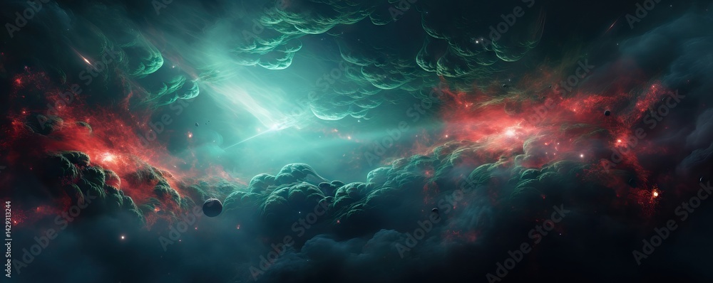 Poster cosmic storm in deep space: turquoise and red nebula with lightning. celestial phenomenon in galaxy.