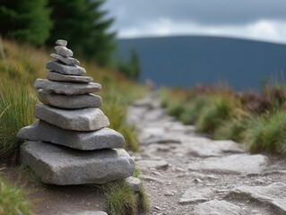 Cairn stands resiliently on rocky path with distant mountains softly blurred in the background