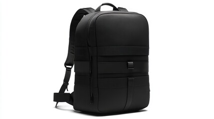 Urban black backpack with bold geometric graphic design, padded shoulder straps, and multiple zippered compartments, isolate on white background