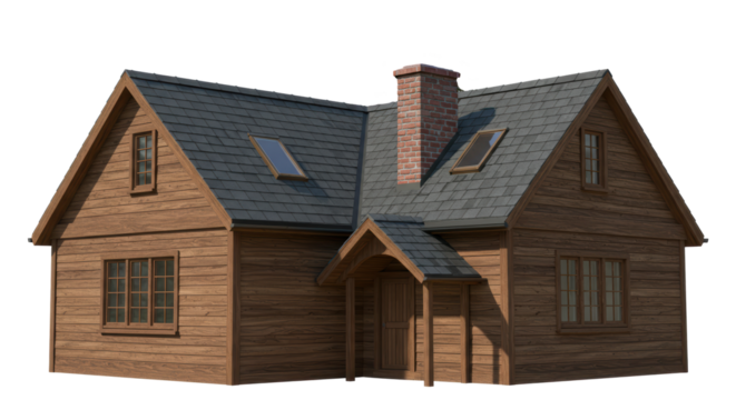 Isolated Rustic Wooden House with Slate Roof