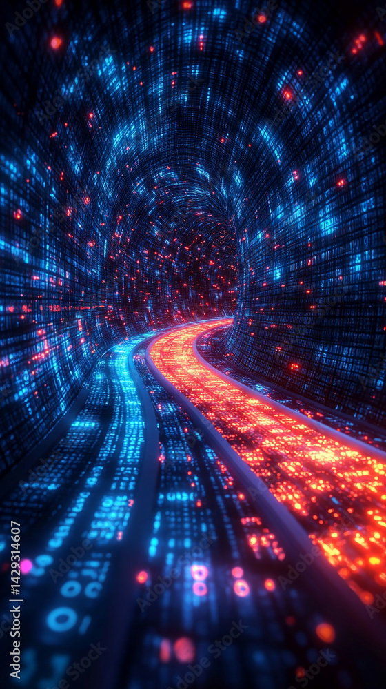 Poster futuristic digital binary code matrix symbolizes the complexity of data networks and the flood of in