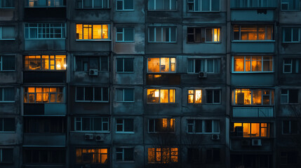 Urban residential building at night with glowing orange windows showing life inside contrasting dark exterior.
