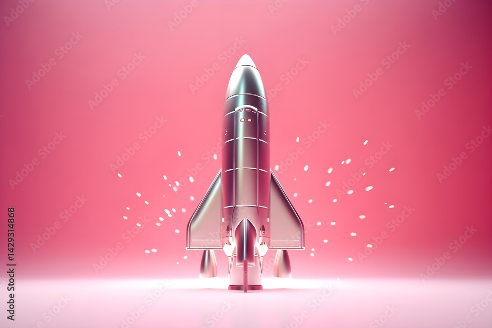 Poster stylized silver rocket on pink background with sparkles. space exploration concept. 3d rendering of 