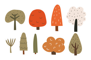 Set of simple autumn trees in naive doodle style. Hand drawn flat forest elements with different shapes and colors. Vector illustration on an isolated background.