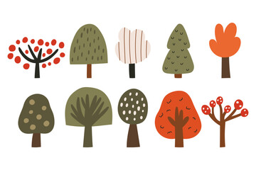 Collection of ten simple autumn trees in doodle style. Hand drawn forest elements with flat shapes and seasonal colors. Vector illustration on an isolated background.