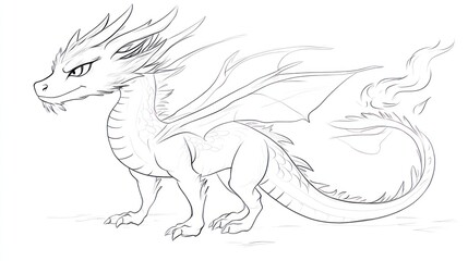 Obraz premium Dragon stands, outlines, illustration. Fantasy art for coloring, story books