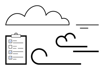 Simplified cloud design with checklist, abstract flowing lines symbolizing motion or progress. Ideal for workflow, productivity, organization, task planning, cloud computing, goal tracking, simple