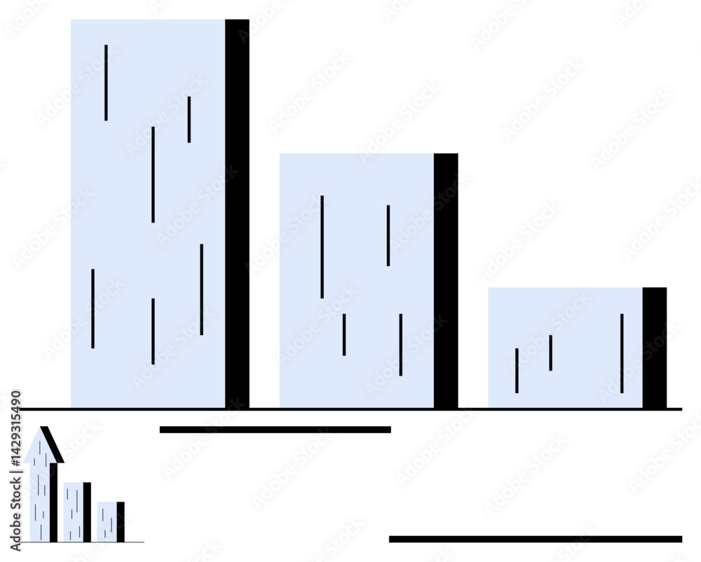 Poster bar chart with three blocks in descending height, small growing arrowed stacks, emphasizing trend an