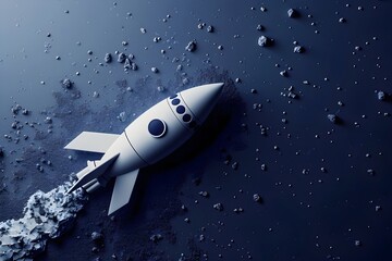 Naklejka premium Toy rocket flying through asteroid field in space. Miniature spacecraft model navigating cosmic debris. Space exploration and asteroid avoidance concept for educational illustration