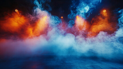 Blue and orange stage lights illuminate swirling smoke. concept of dramatic stage productions, theater ambiance, colorful lighting effects. Copy space