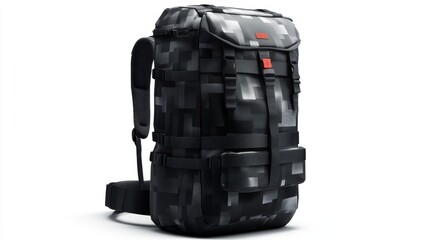 Graphic black backpack with pixelated art design, padded shoulder straps, and easy-to-carry handles, isolate on white background