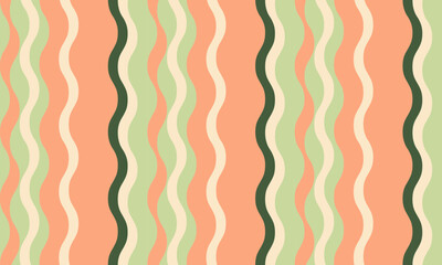 Vibrant wavy stripes in peach, green, and cream create a cheerful, retroinspired pattern. Perfect for backgrounds, textiles, and playful designs, this image evokes a sense of summer and optimism.