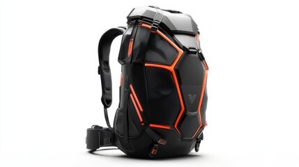 Naklejka premium Bold black backpack with futuristic geometric graphics, external storage, and ergonomic shoulder straps, isolate on white background