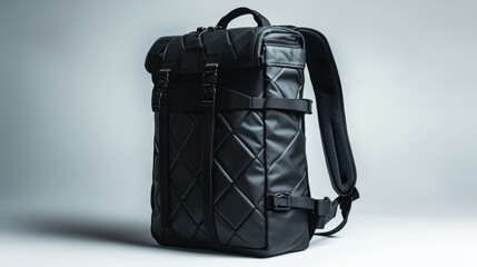 Naklejka premium Black backpack with artistic geometric patterns, durable construction, and water-resistant finish, isolate on white background