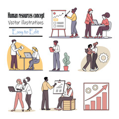 Human resources concept vector illustrations art set : Set of people vector illustrations in various activities of human resources vector illustrations, HR concept illustration pack, employee teamwork