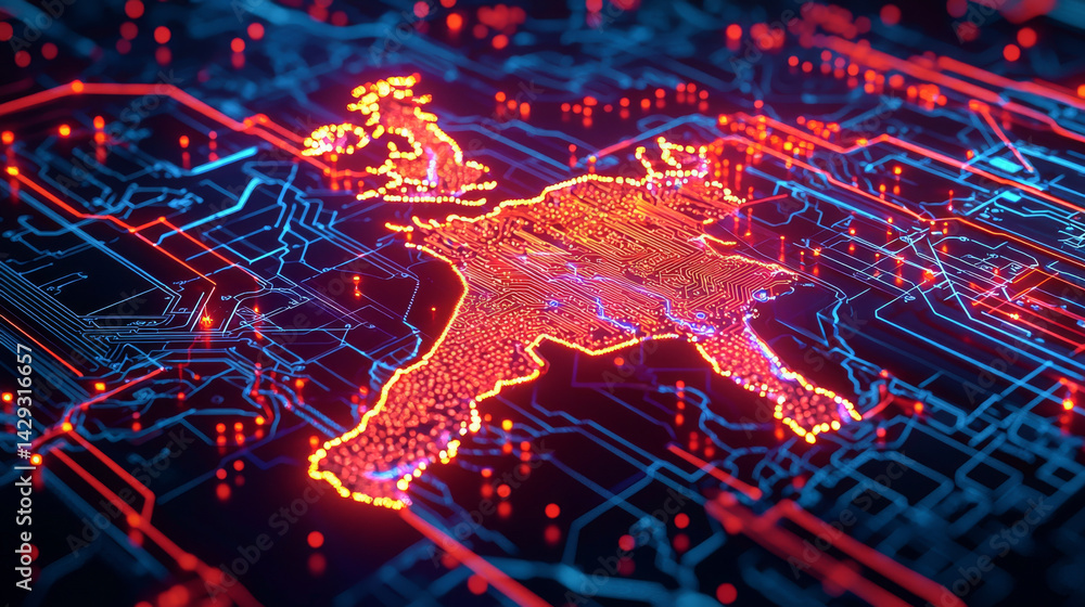 Poster futuristic digital circuit board map with tech elements. concept of technology, innovation, high-tec
